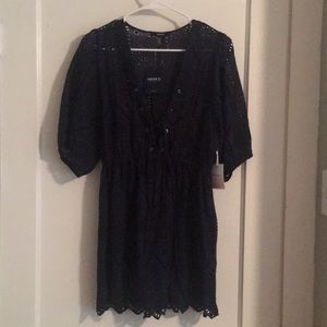 Woven lace-up v neck navy dress